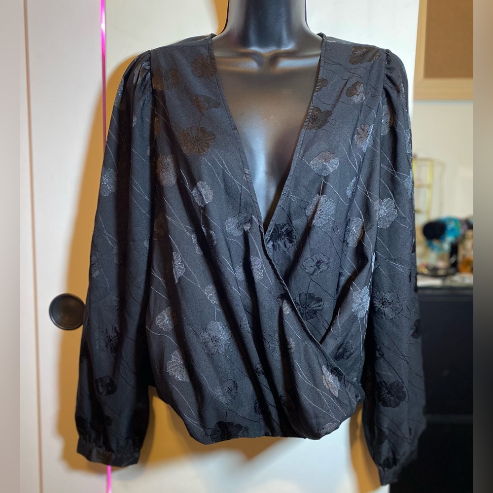 a new day Black Floral Wrap Blouse